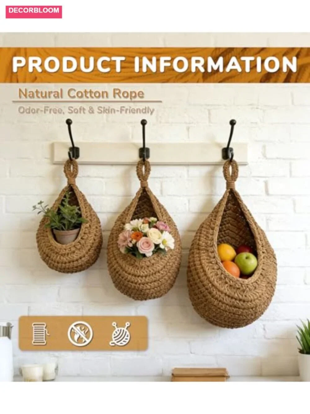 3 Pack Boho Hanging Wall Baskets for Kitchen Storage with Hooks